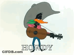 A Cartoon Duck Wearing A Cowboy Hat Is Holding A Guitar And Singing Howdy GIF