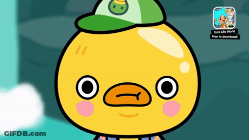 A Cartoon Duck Wearing A Green Hat And A Sticker That Says ' Toca Life World Free To Download ' GIF
