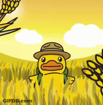 A Cartoon Duck Wearing A Hat And Backpack Is Standing In A Field Of Tall Grass GIF