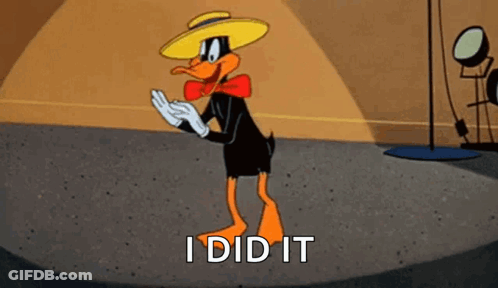 A Cartoon Duck Wearing A Hat And Bow Tie Is Standing On A Stage . GIF