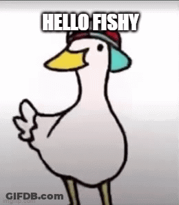 A Cartoon Duck Wearing A Hat And Saying `` Hello Fishy '' . GIF