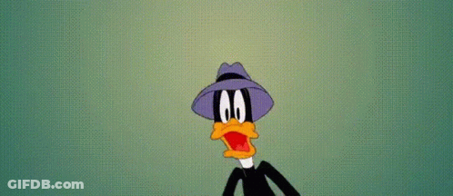 A Cartoon Duck Wearing A Purple Hat And A Black Suit Is Making A Surprised Face . GIF