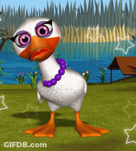 A Cartoon Duck Wearing A Purple Necklace Stands In Front Of A Lake GIF