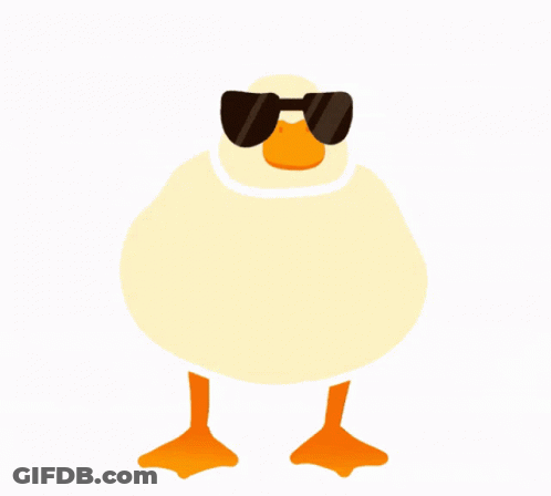 A Cartoon Duck Wearing Sunglasses And A Bib Around Its Neck GIF