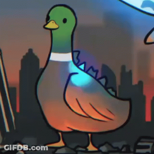 A Cartoon Duck With A Glowing Tail Is Standing In Front Of A City . GIF