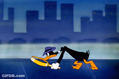 A Cartoon Duck With A Magnifying Glass In His Hand GIF