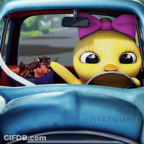 A Cartoon Duck With A Purple Bow On Her Head Is Driving A Blue Car GIF