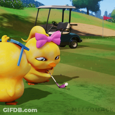 A Cartoon Duck With A Purple Bow On Its Head Is Playing Golf GIF