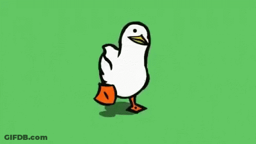 A Cartoon Duck With Orange Legs Is Walking On A Green Field . GIF