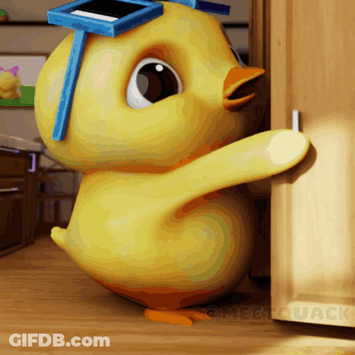 A Cartoon Duck With Sunglasses On Its Head Is Standing In A Room GIF