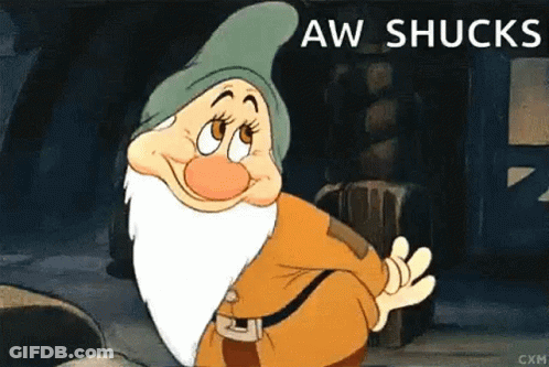 A Cartoon Dwarf From Snow White And The Seven Dwarfs Is Waving At The Camera And Says Aw Shucks . GIF