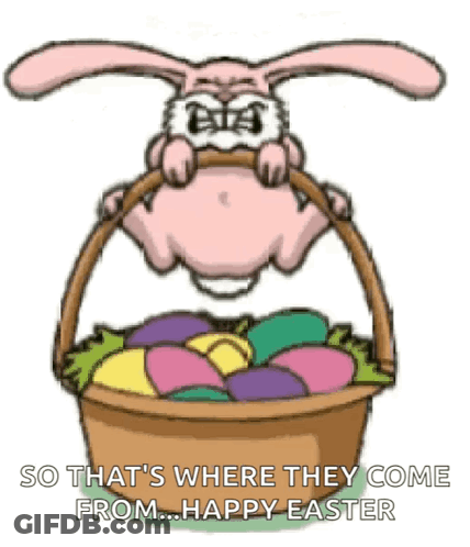A Cartoon Easter Bunny Is Holding A Basket Of Easter Eggs . GIF