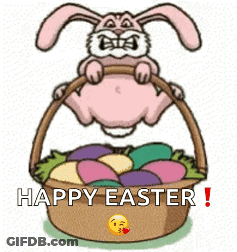 A Cartoon Easter Bunny Is Jumping Into A Basket Of Eggs GIF
