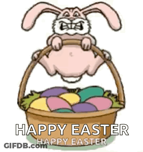 A Cartoon Easter Bunny Is Jumping Out Of A Basket Of Eggs . GIF