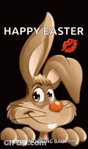 A Cartoon Easter Bunny With A Red Kiss On Its Lips GIF
