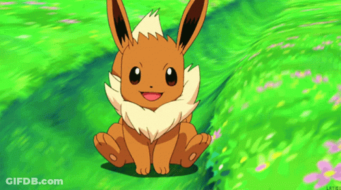 A Cartoon Eevee Is Sitting In A Field Of Grass GIF