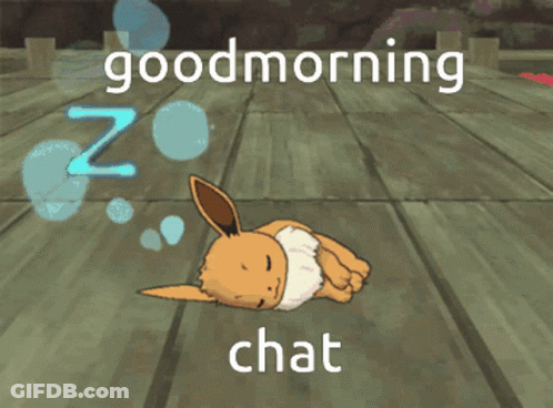 A Cartoon Eevee Laying On A Wooden Floor With The Words Good Morning Chat GIF