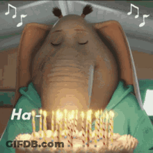 A Cartoon Elephant Is Blowing Out Candles On A Birthday Cake GIF