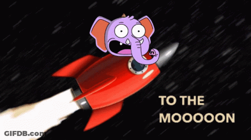 A Cartoon Elephant Is Flying On A Red Rocket With The Words " To The Mooooon " Below It GIF