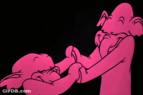 A Cartoon Elephant Is Holding A Woman 'S Hand In A Pink Background . GIF