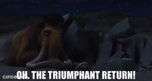 A Cartoon Elephant Is Laying In The Snow With The Words `` Oh , The Triumphant Return '' . GIF