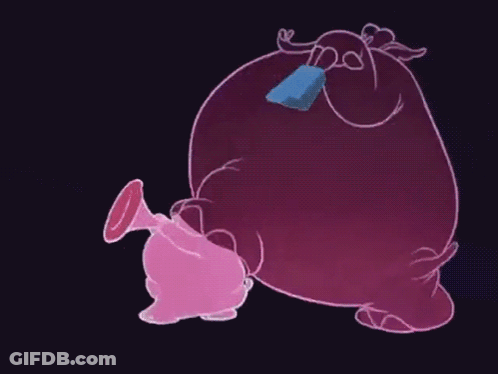 A Cartoon Elephant Is Playing A Pink Trumpet In A Dark Room GIF