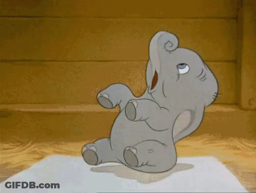 A Cartoon Elephant Is Sitting On Its Back With Its Trunk Up . GIF
