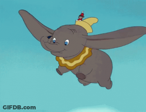A Cartoon Elephant With A Red Hat On Its Head Is Flying In The Air GIF