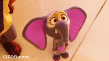 A Cartoon Elephant With Purple Ears Is Standing On A Tiled Floor . GIF