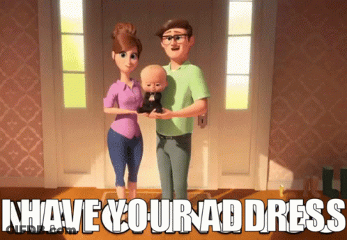 A Cartoon Family Standing In Front Of A Door With The Words " Have Your Address " GIF