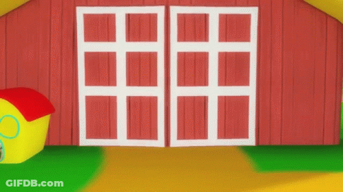 A Cartoon Farmer Is Standing In A Red Barn With His Doors Open . GIF