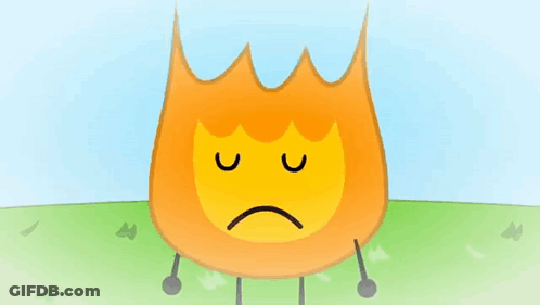A Cartoon Fire With A Sad Face Is Standing On A Grassy Field . GIF