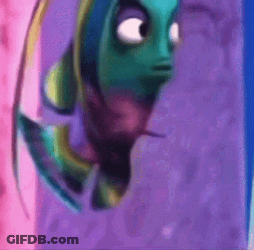 A Cartoon Fish Is Looking Out Of A Purple Window GIF