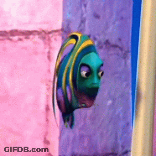 A Cartoon Fish Is Looking Out Of A Window With A Purple Background . GIF