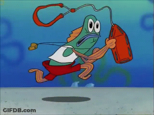 A Cartoon Fish Is Running With A Life Preserver Around His Neck GIF