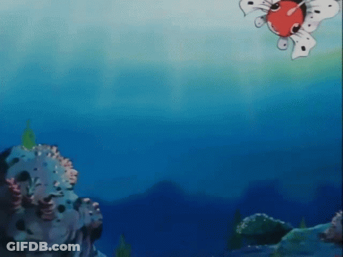 A Cartoon Fish Is Swimming In The Ocean Near Some Rocks . GIF