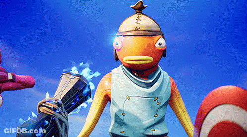 A Cartoon Fish With A Hat On Holding A Hammer And A Ball GIF