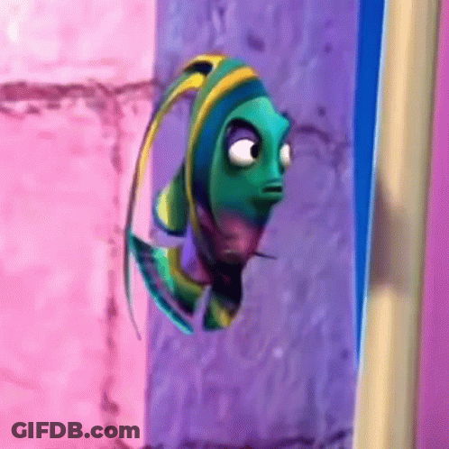 A Cartoon Fish With A Yellow Tail Is Looking Out Of A Window GIF