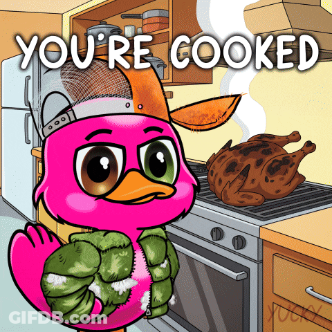 A Cartoon Flamingo With The Words You 'Re Cooked Behind It GIF