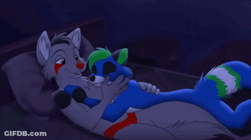 A Cartoon Fox And A Blue Raccoon Are Hugging Each Other While Laying On A Bed . GIF