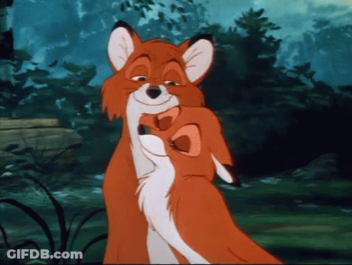 A Cartoon Fox Is Hugging Another Fox In The Woods GIF