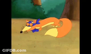 A Cartoon Fox Is Laying On The Ground With Its Tail Extended . GIF