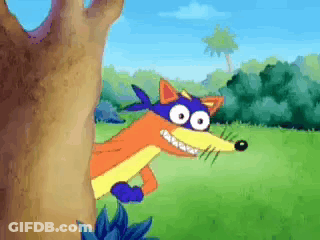 A Cartoon Fox Is Peeking Out From Behind A Tree In A Field . GIF