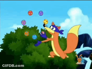 A Cartoon Fox Is Playing With Balloons In The Air GIF