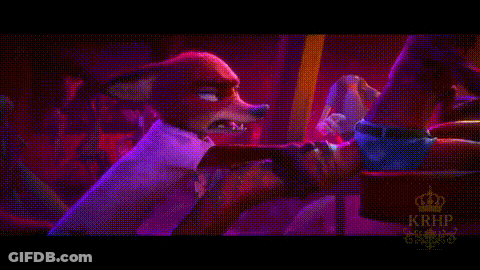 A Cartoon Fox Is Sitting In A Chair In A Dark Room With Purple Lights . GIF