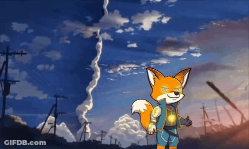 A Cartoon Fox Is Standing In Front Of A Blue Sky With Clouds GIF