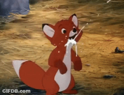 A Cartoon Fox Is Standing On Its Hind Legs And Eating A Piece Of Food . GIF