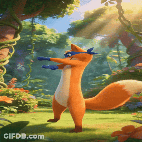 A Cartoon Fox Wearing A Blue Mask Is Dancing GIF