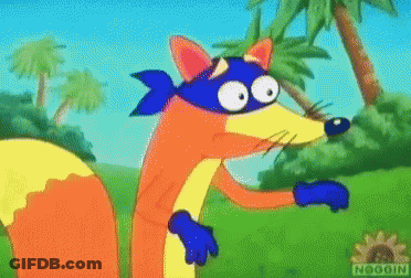 A Cartoon Fox Wearing A Blue Mask Is Standing In A Grassy Field . GIF