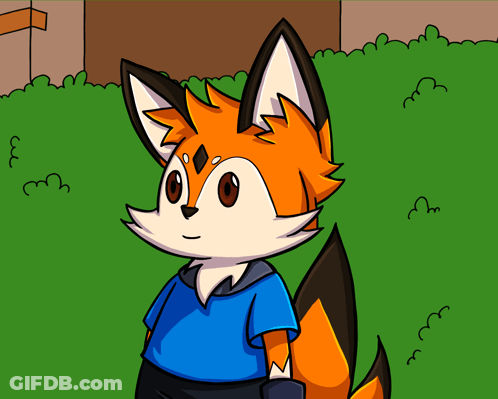 A Cartoon Fox Wearing A Blue Shirt Stands In The Grass GIF